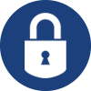 Blue circle with a white graphic of a padlock
