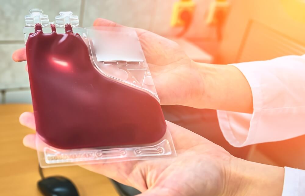 Cord blood bank blood block prepared by isolated gloved hands. Close up in hand.