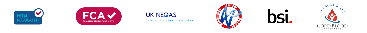 Accreditation logos: HTA, FCA, UK NEQAS, National Association of Phlebotomists, BSI, Member of Cord Blood Associaton